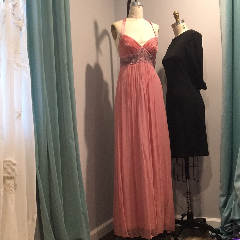 Pink Silk Halter Evening Gown with Beading
